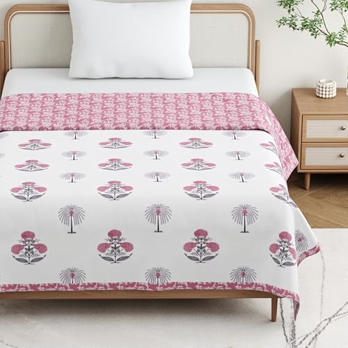 DE CAMA Cotton Single Bed Dohar | Hand Block Printed Summer AC Blanket (60 x 90 Inch)| Mulmul Fabric 150 GSM | Soft & Lightweight Comforter for All Seasons | Reversible Design - Pink Palm Tree - Image 1