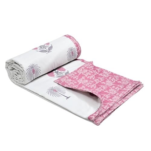 DE CAMA Cotton Single Bed Dohar | Hand Block Printed Summer AC Blanket (60 x 90 Inch)| Mulmul Fabric 150 GSM | Soft & Lightweight Comforter for All Seasons | Reversible Design - Pink Palm Tree - Image 3