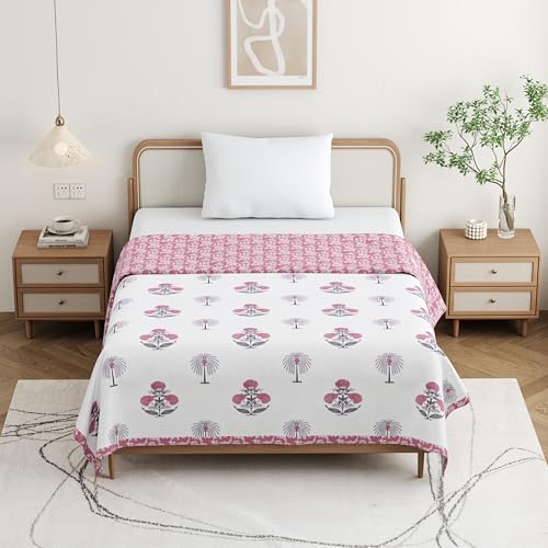 DE CAMA Cotton Single Bed Dohar | Hand Block Printed Summer AC Blanket (60 x 90 Inch)| Mulmul Fabric 150 GSM | Soft & Lightweight Comforter for All Seasons | Reversible Design - Pink Palm Tree - Image 4