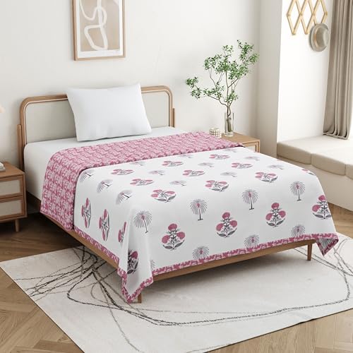 DE CAMA Cotton Single Bed Dohar | Hand Block Printed Summer AC Blanket (60 x 90 Inch)| Mulmul Fabric 150 GSM | Soft & Lightweight Comforter for All Seasons | Reversible Design - Pink Palm Tree - Image 2