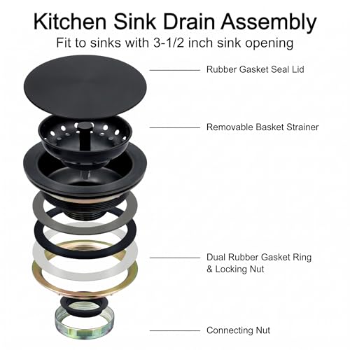 LQS Kitchen Sink Drain Assembly, Sink Drain Basket Strainer, Stainless Steel Removable Sink Strainer Basket and Stopper with Decor Flat Cover 3-1/2-inches (Black with Cover) - Image 5