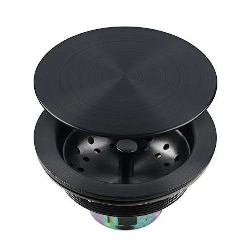 LQS Kitchen Sink Drain Assembly, Sink Drain Basket Strainer, Stainless Steel Removable Sink Strainer Basket and Stopper with Decor Flat Cover 3-1/2-inches (Black with Cover) - Image 1