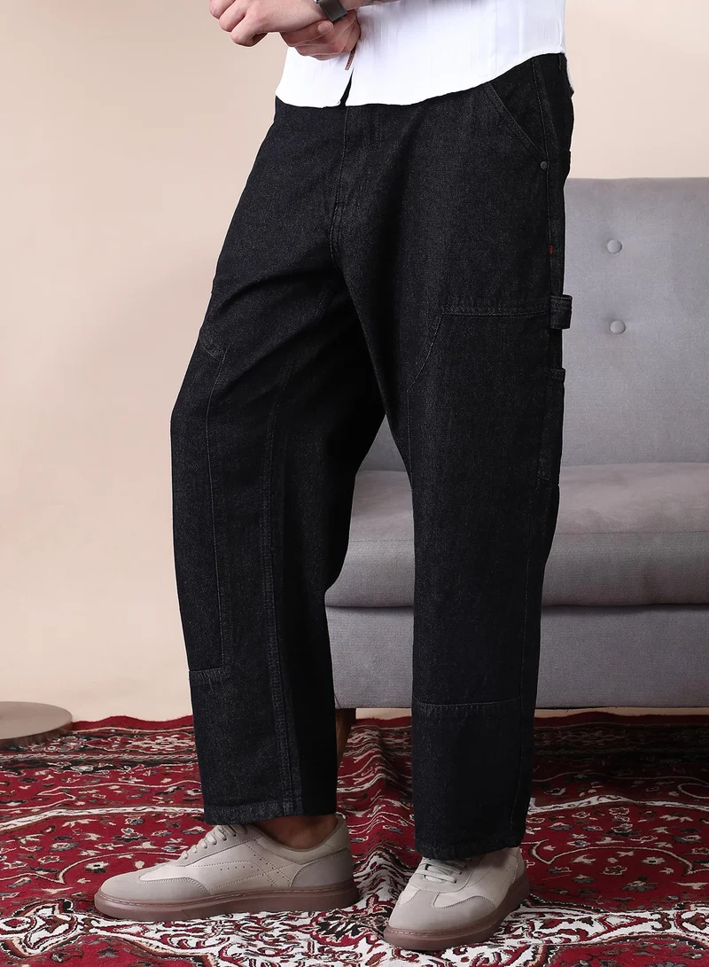 Campus Sutra Campus Sutra Men's Dark Blue Patched Straight Denim Jeans For Casual Wear | Mid-Rise | Straight Fit | Button Closure | Denim Jeans Crafted With Comfort Fit For Everyday Wear