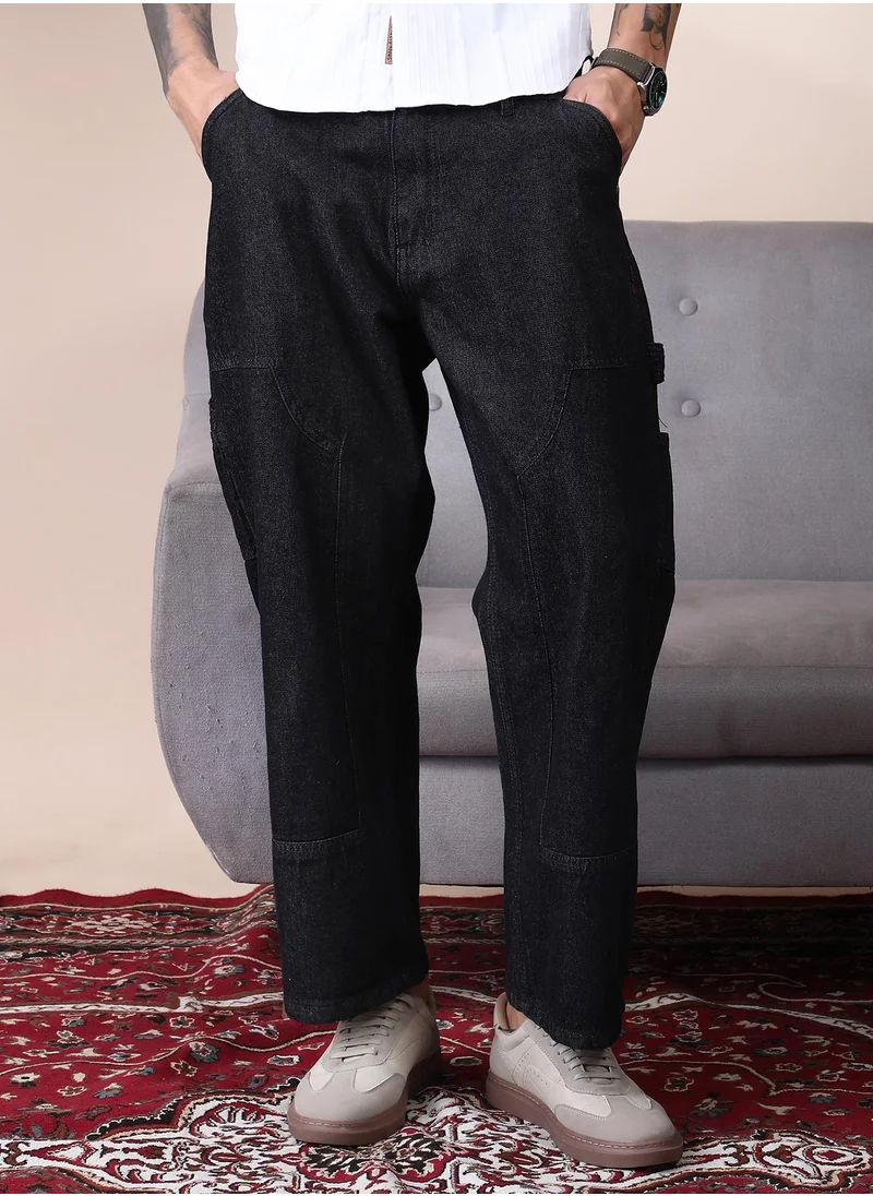 Campus Sutra Campus Sutra Men's Dark Blue Patched Straight Denim Jeans For Casual Wear | Mid-Rise | Straight Fit | Button Closure | Denim Jeans Crafted With Comfort Fit For Everyday Wear