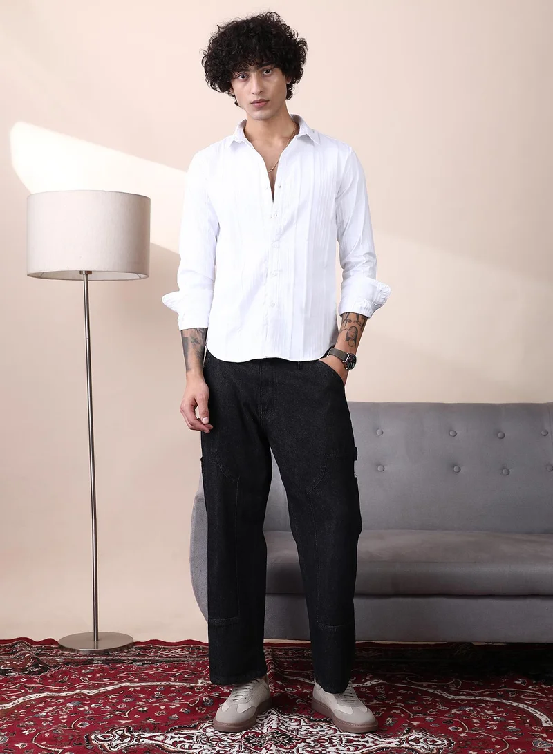 Campus Sutra Campus Sutra Men's Dark Blue Patched Straight Denim Jeans For Casual Wear | Mid-Rise | Straight Fit | Button Closure | Denim Jeans Crafted With Comfort Fit For Everyday Wear