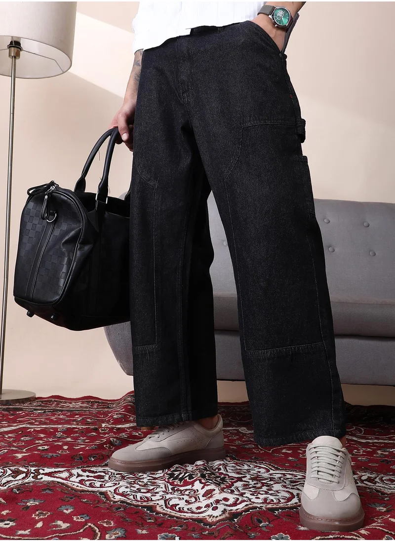 Campus Sutra Campus Sutra Men's Dark Blue Patched Straight Denim Jeans For Casual Wear | Mid-Rise | Straight Fit | Button Closure | Denim Jeans Crafted With Comfort Fit For Everyday Wear