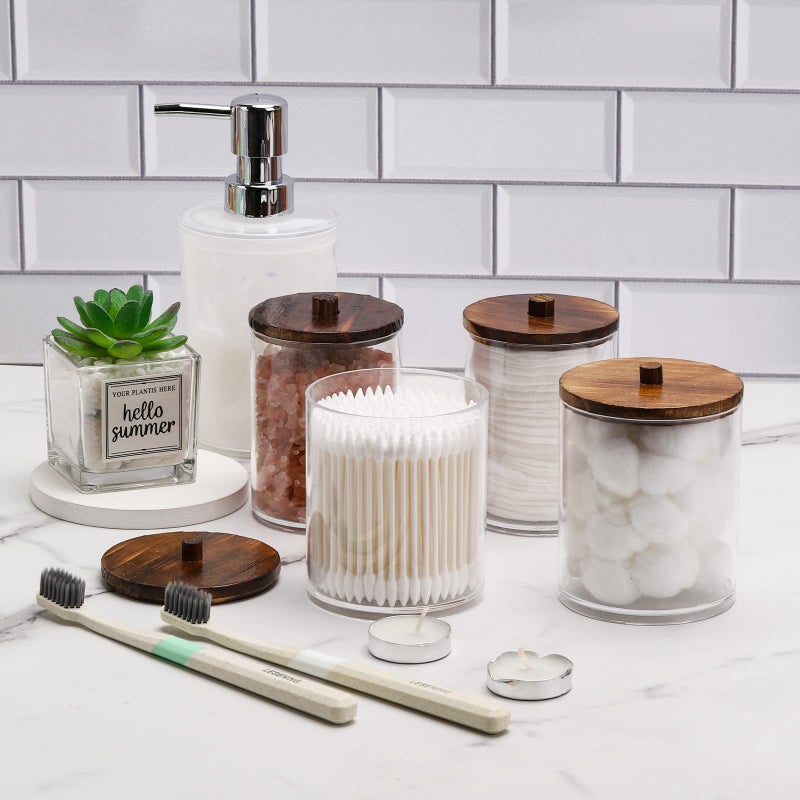 Tbestmax 4 Pack Qtip Holder Dispenser Cotton Ball, Cotton Swab, Floss - 12oz, 10 oz Clear Plastic Apothecary Jars for Bathroom Organizer and Storage Containers (Brown Wood Lids) - Image 2
