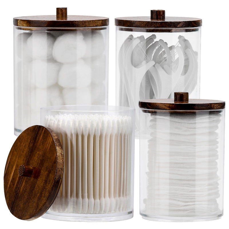 Tbestmax 4 Pack Qtip Holder Dispenser Cotton Ball, Cotton Swab, Floss - 12oz, 10 oz Clear Plastic Apothecary Jars for Bathroom Organizer and Storage Containers (Brown Wood Lids) - Image 1