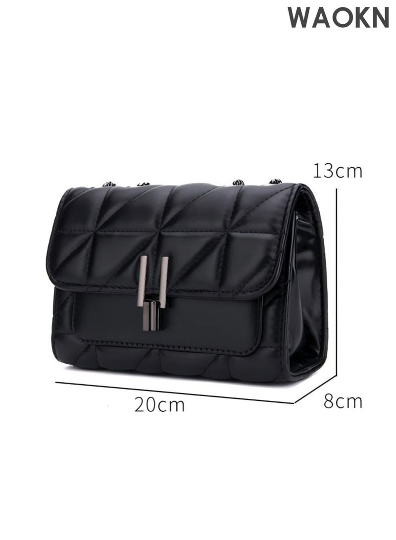 دبليو أيه أو كي أن حقيبة كتف للنساء والرجال، حقيبة كروس بودي متعددة الاستخدامات، حقيبة صغيرة بسلسلة من جلد البولي يوريثان، حقيبة كتف عصرية، حقيبة كروس بودي مطرزة بنمط ماسي، مناسبة للعمل والتسوق، للجنسين، لون أسود. - Image 2