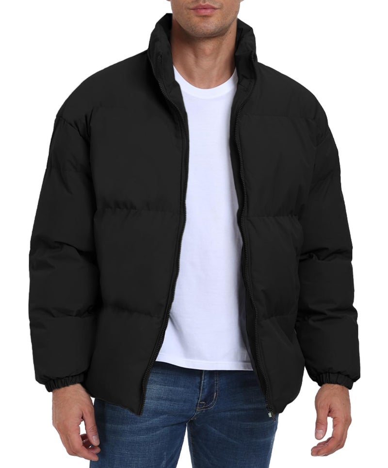 PEGENO Mens Winter Padded Jacket Full Zipper Bread Jacket Stand Collar Windproof Coat,Black,XL - Image 1