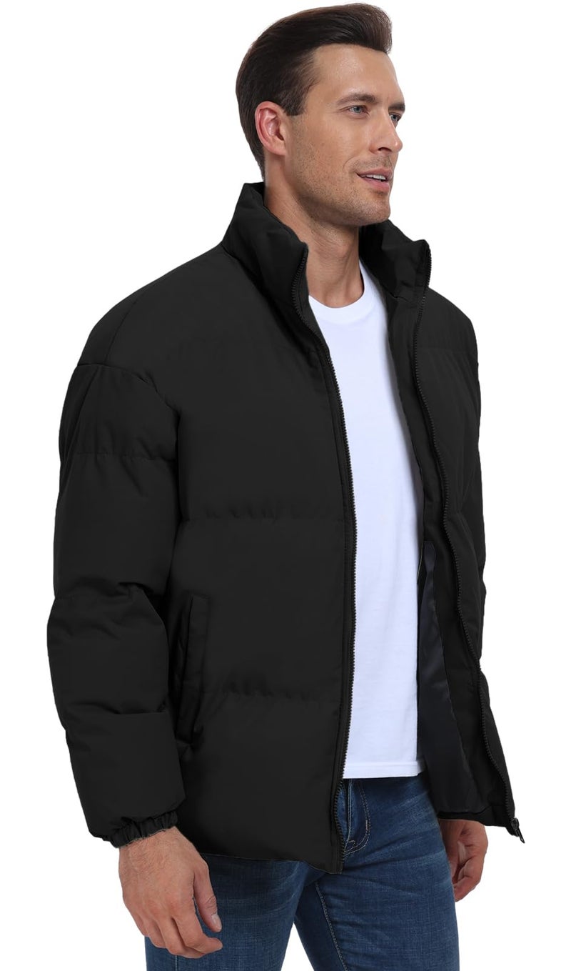 PEGENO Mens Winter Padded Jacket Full Zipper Bread Jacket Stand Collar Windproof Coat,Black,XL - Image 2