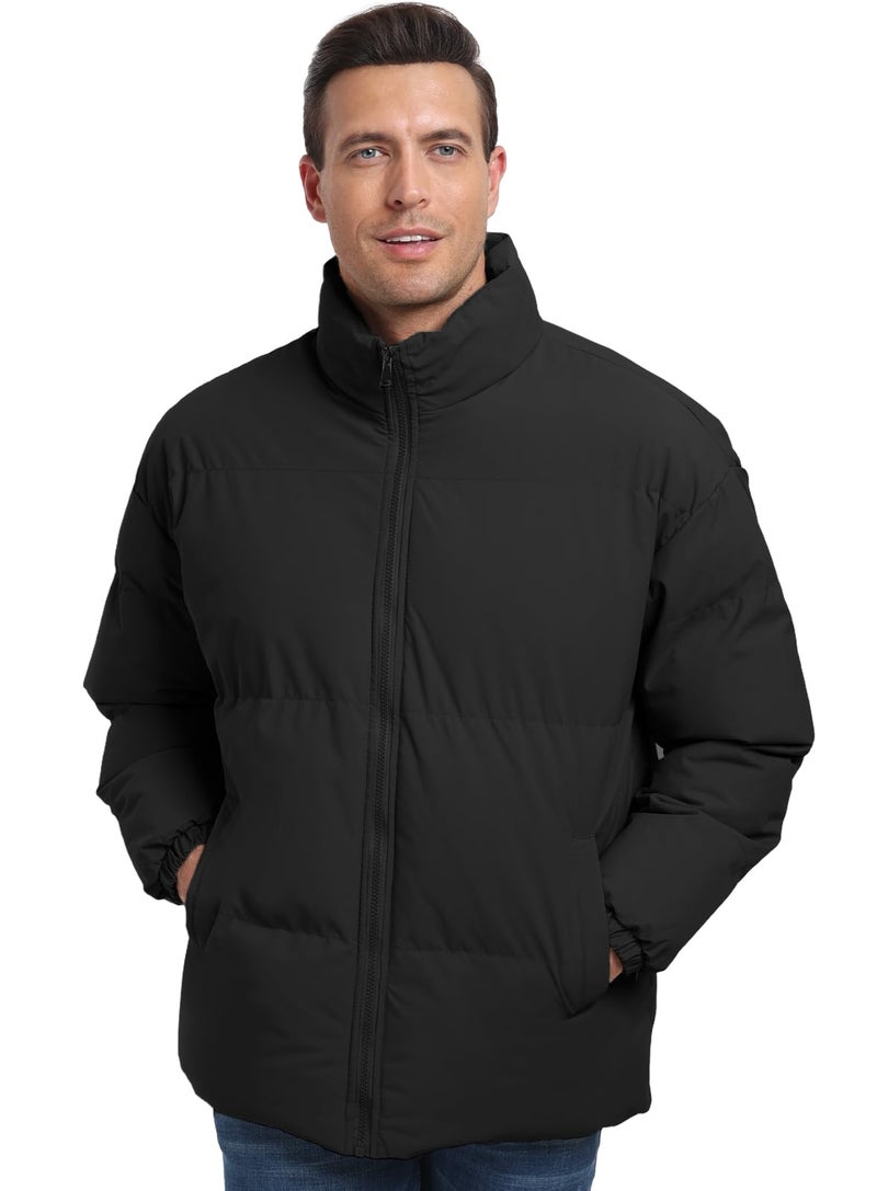 PEGENO Mens Winter Padded Jacket Full Zipper Bread Jacket Stand Collar Windproof Coat,Black,XL - Image 4