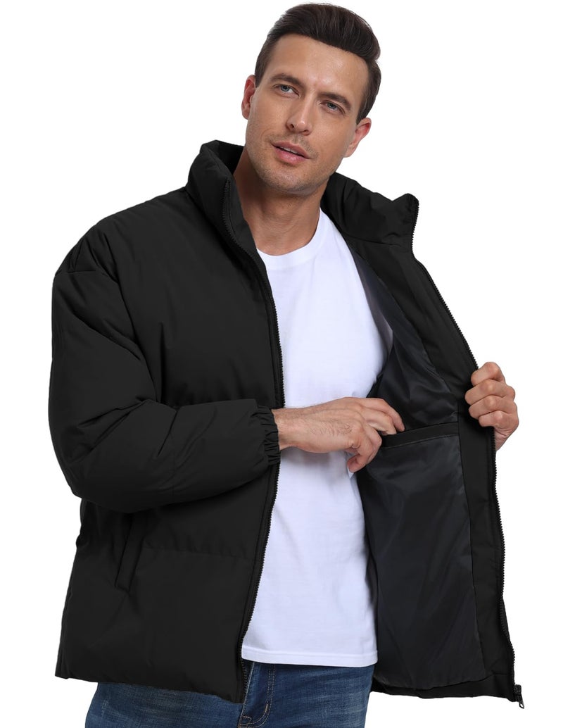 PEGENO Mens Winter Padded Jacket Full Zipper Bread Jacket Stand Collar Windproof Coat,Black,XL - Image 3