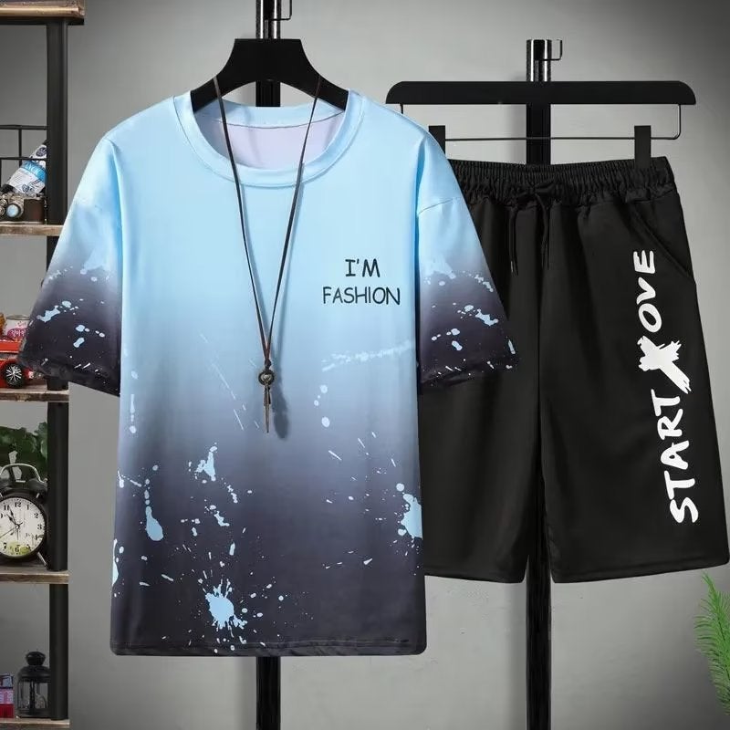 Short-sleeved T-shirt for male teenagers summer ins fashion brand waffle for students with a set of handsome leisure sports suit Star point suit Blue