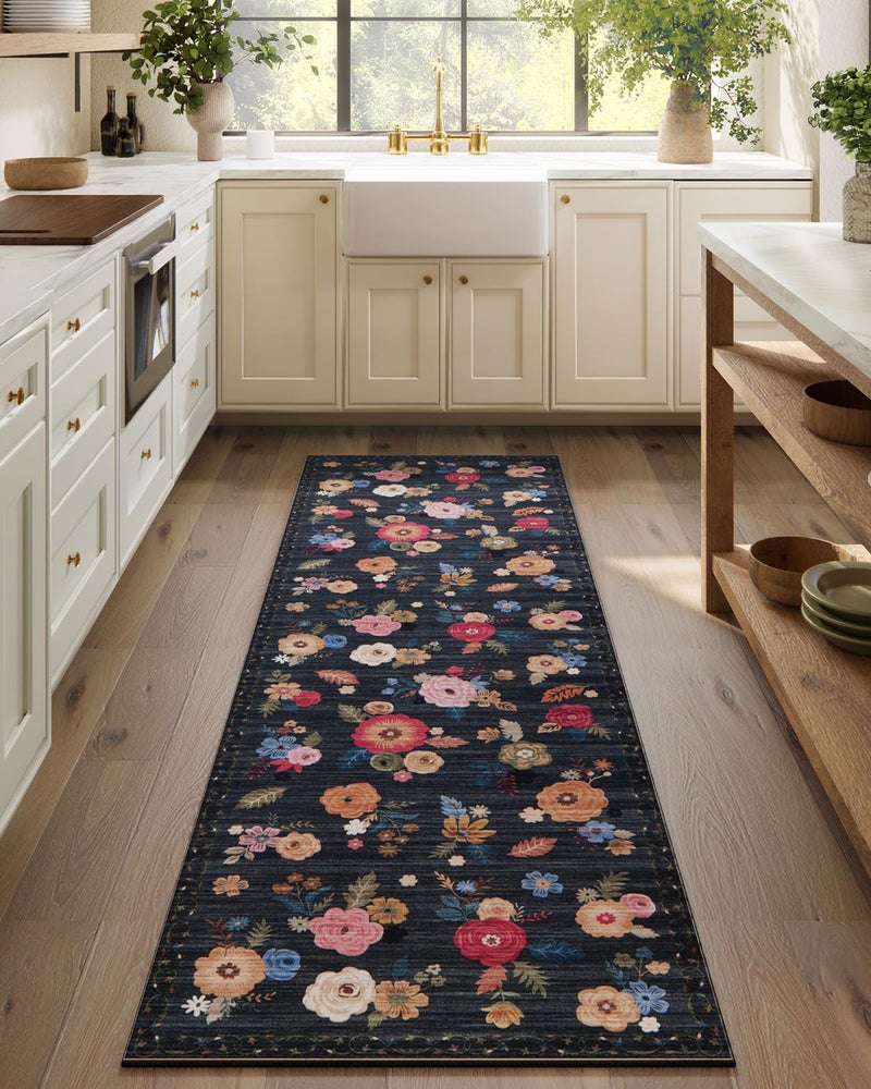 palohom Machine Washable Rug Runners for Hallways: 2'6"x8' Kitchen Runner Rug Non Slip Low Pile Soft Faux Wool Floral Floor Rug Non Shedding Carpet Runners for Entryway Bedroom Hallway Living Room Farmhouse - Image 1