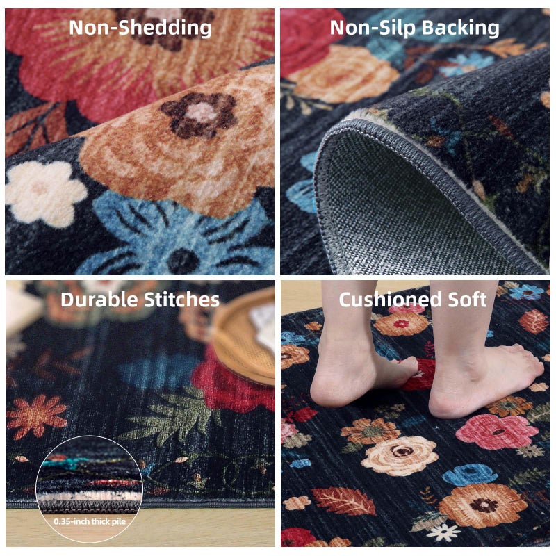 palohom Machine Washable Rug Runners for Hallways: 2'6"x8' Kitchen Runner Rug Non Slip Low Pile Soft Faux Wool Floral Floor Rug Non Shedding Carpet Runners for Entryway Bedroom Hallway Living Room Farmhouse - Image 3