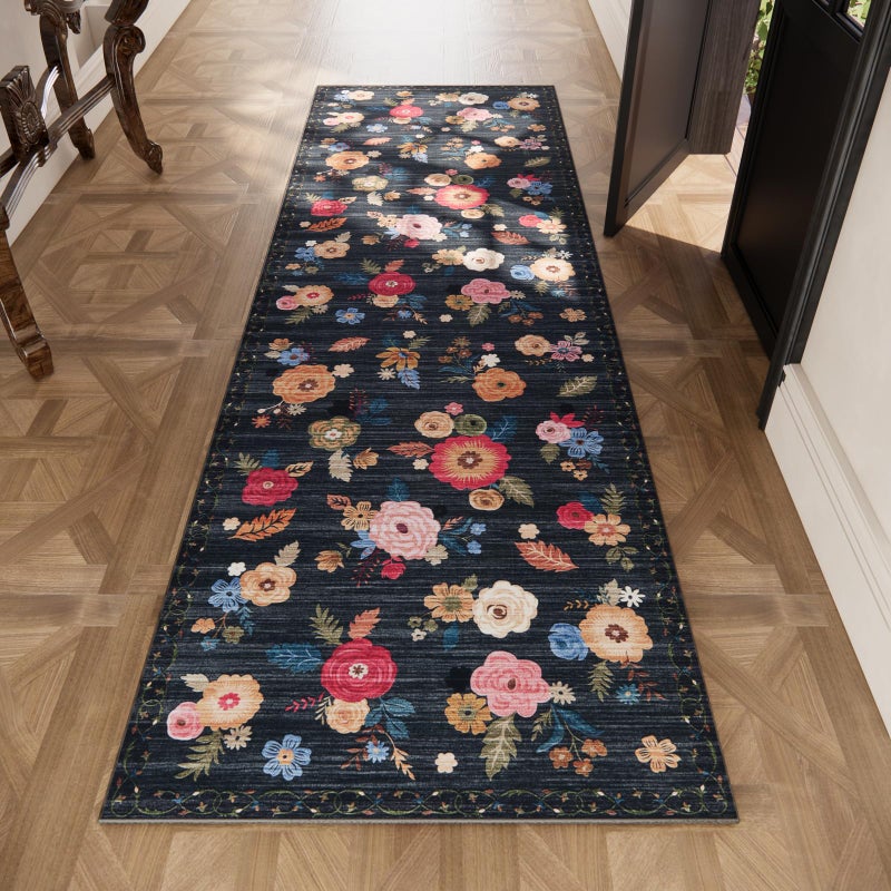 palohom Machine Washable Rug Runners for Hallways: 2'6"x8' Kitchen Runner Rug Non Slip Low Pile Soft Faux Wool Floral Floor Rug Non Shedding Carpet Runners for Entryway Bedroom Hallway Living Room Farmhouse - Image 5