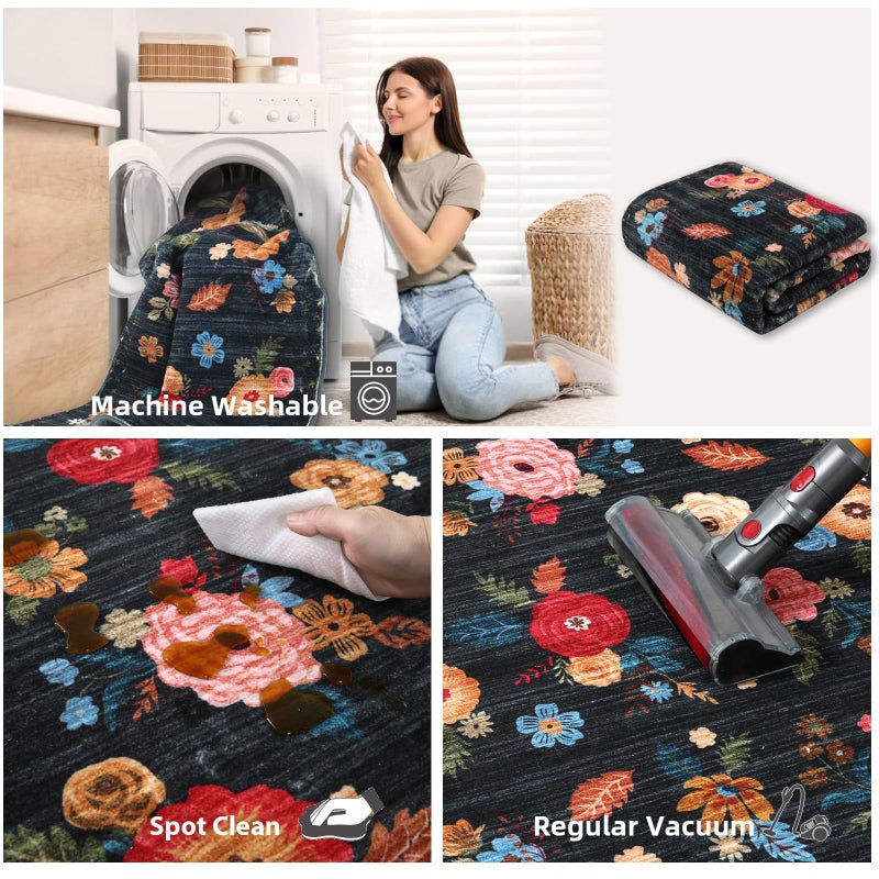 palohom Machine Washable Rug Runners for Hallways: 2'6"x8' Kitchen Runner Rug Non Slip Low Pile Soft Faux Wool Floral Floor Rug Non Shedding Carpet Runners for Entryway Bedroom Hallway Living Room Farmhouse - Image 4