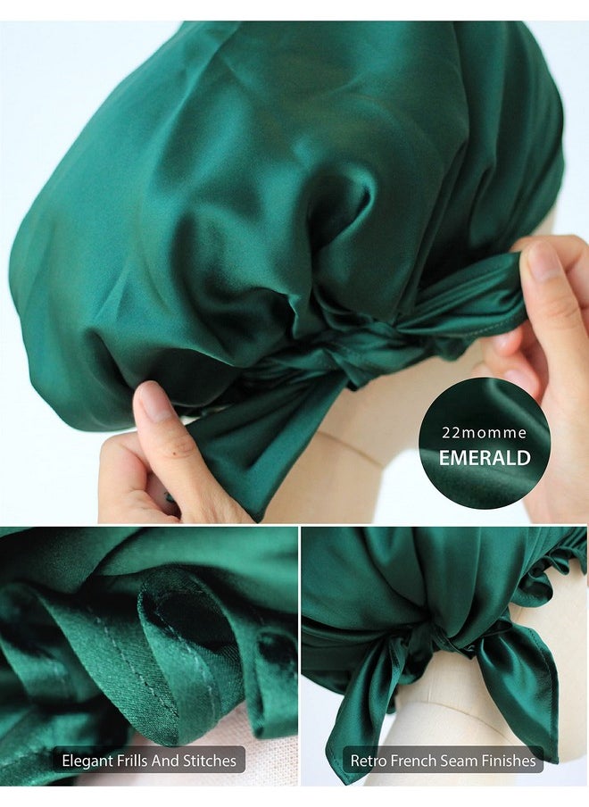 SissiLita - 100% Silk Bonnet For Sleeping Hair Bonnet With Tie Band Large Silk Sleep Cap For Curly Hair Silk Hair Wrap For Hair Care Emerald - Image 1