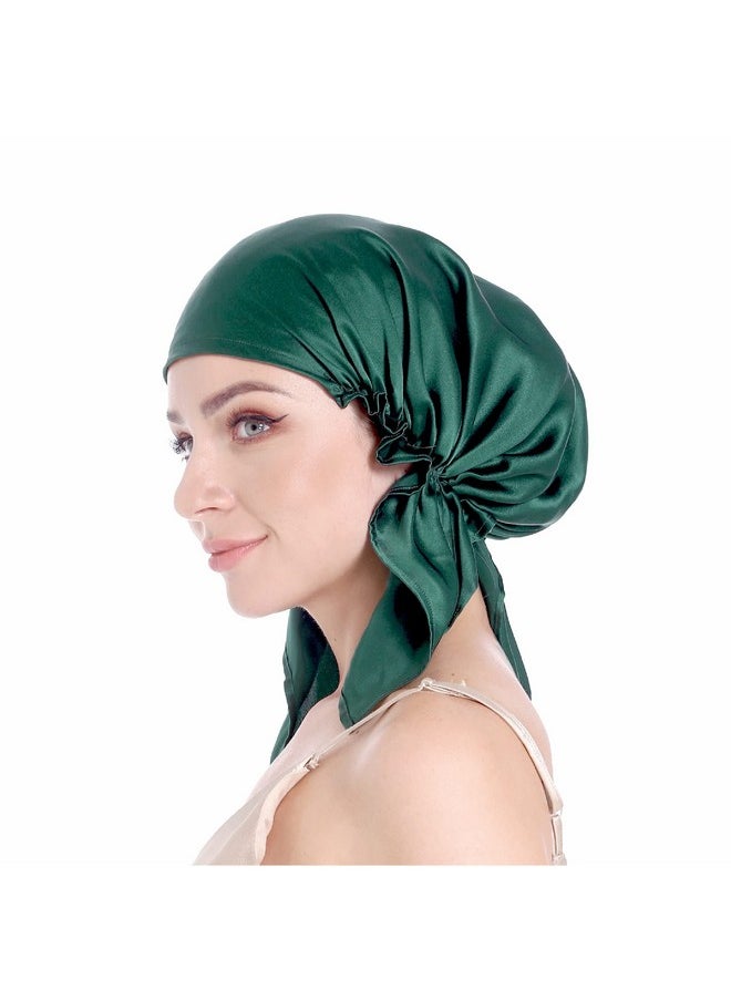 SissiLita - 100% Silk Bonnet For Sleeping Hair Bonnet With Tie Band Large Silk Sleep Cap For Curly Hair Silk Hair Wrap For Hair Care Emerald - Image 1