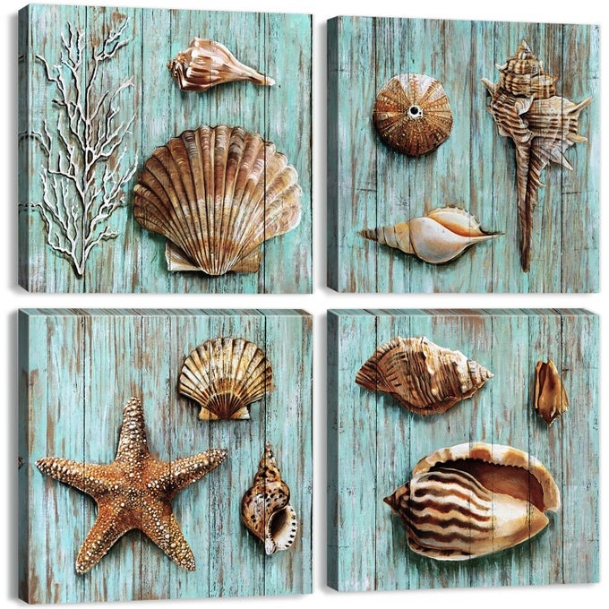 RUSTIC BEACH WALL ART NAUTICAL BATHROOM DECOR COASTAL SEASHELL POSTER FARMHOUSE TEAL BLUE OCEAN CONCH SHELL CANVAS PRINTS BEACHY STARFISH PICTURES FOR LIVING ROOM BEDROOM HOME DECORATIONS 12X12 4 PCS