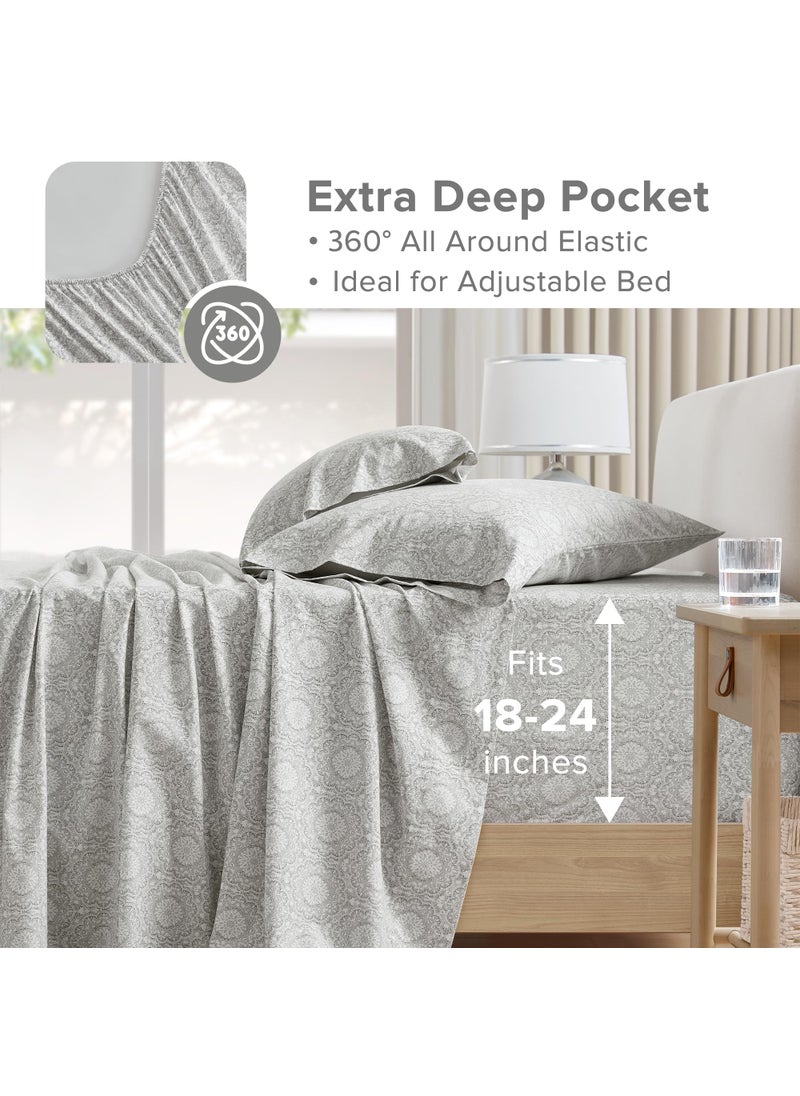 Comfort Spaces Comfort Spaces Extra Deep Pocket Sheets  100% Cotton Sheets King Fits up to 24"" Mattress  Breathable  Naturally Cool Cotton Sheets  Soft Cotton Sheets  All Seasons Sheet Set  Adelia Grey 4 Piece  - Image 4