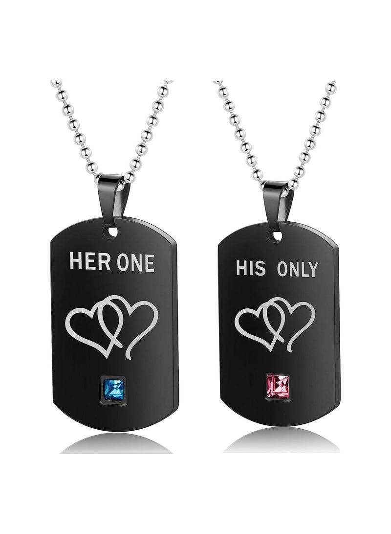 SOLARAE Couple Tag Pendent Necklace, Stainless Steel Pendant Necklace with CZ Stones Double Heart, Her One His Only Tag Necklace, Anniversary Valentines Gift for Lover - Image 1