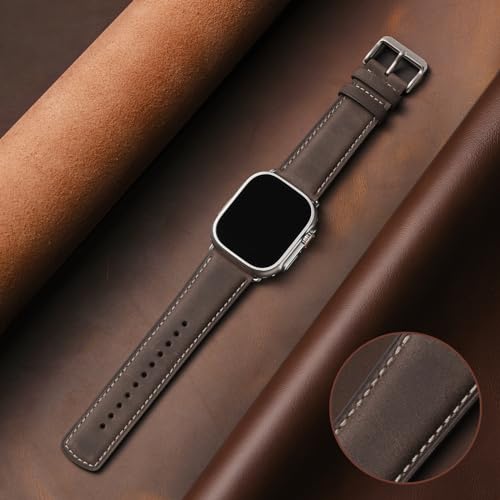 SUNFWR Leather Bands Compatible with Apple Watch Band 49mm 45mm 44mm 42mm for Men Women, Genuine Leather Replacement Strap for iWatch Ultra 2, Ultra, SE2, SE, Series 9 8 7 6 5 4 3 2 1 - Image 2