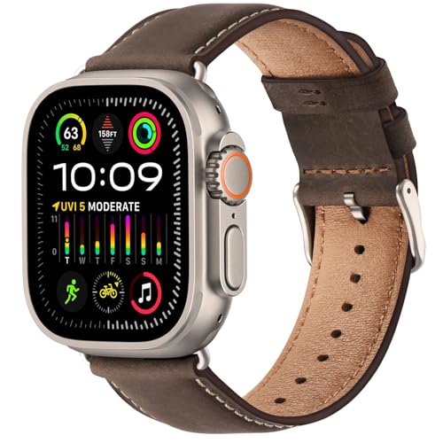 SUNFWR Leather Bands Compatible with Apple Watch Band 49mm 45mm 44mm 42mm for Men Women, Genuine Leather Replacement Strap for iWatch Ultra 2, Ultra, SE2, SE, Series 9 8 7 6 5 4 3 2 1 - Image 1