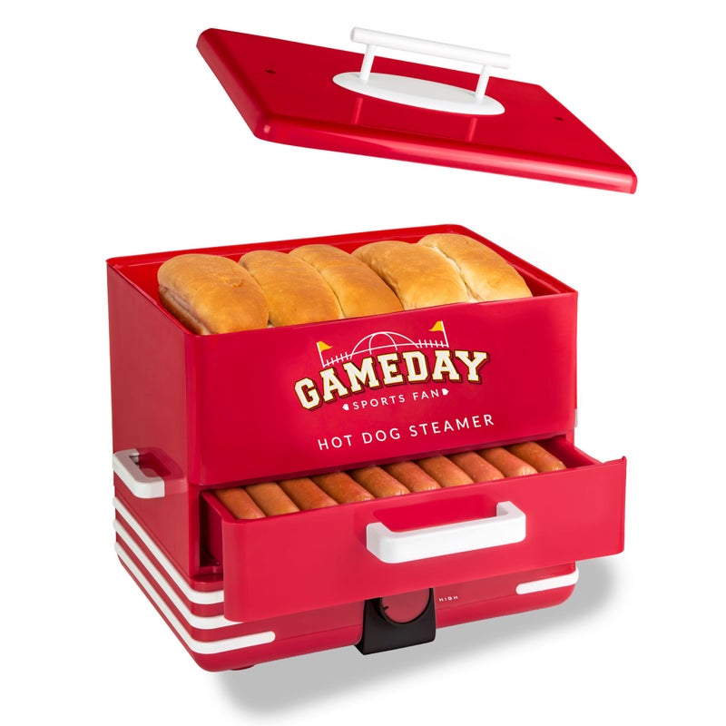 Nostalgia Game Day Hot Dog Steamer and Bun Warmer Fits 20 Dogs and 8 Buns Steams Pot Stickers Veggies Potatoes and Other Appetizers or Toppings