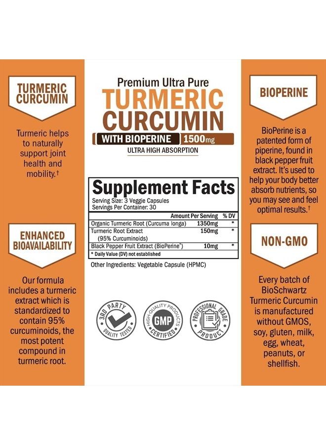 BioSchwartz Turmeric Curcumin with BioPerine 1500mg - Natural Joint Support with 95% Standardized Curcuminoids & Black Pepper Extract for Ultra High Absorption & Potency - Non GMO - Gluten Free - 90 Capsules  - Image 3