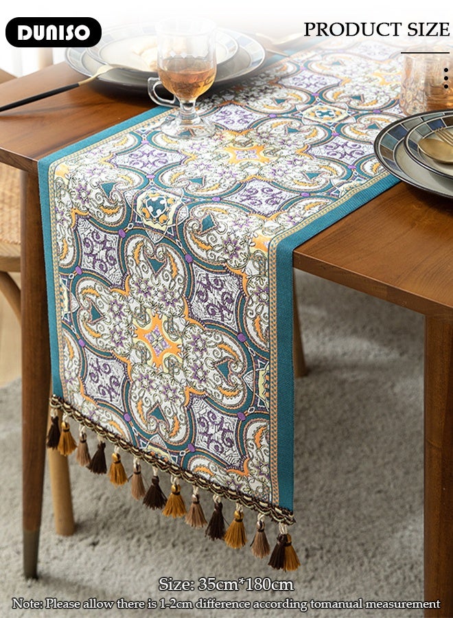 DUNISO Table Runner with Tassels, Vintage Decorative Dresser Runner, Retro Ethnic Style Table Runner Cloth, Reusable  Dining Table Runner, Woven Table Cover Runner for Home Restaurant Table Decor, 13.7×70.8 in - Image 4