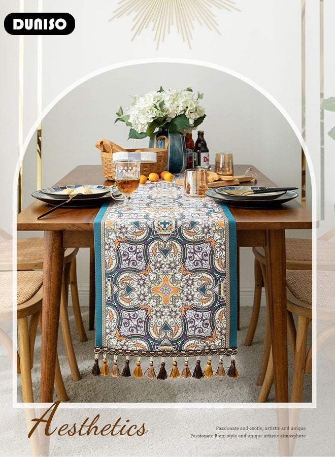 DUNISO Table Runner with Tassels, Vintage Decorative Dresser Runner, Retro Ethnic Style Table Runner Cloth, Reusable  Dining Table Runner, Woven Table Cover Runner for Home Restaurant Table Decor, 13.7×70.8 in - Image 3