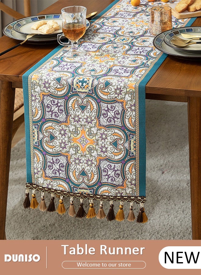 DUNISO Table Runner with Tassels, Vintage Decorative Dresser Runner, Retro Ethnic Style Table Runner Cloth, Reusable  Dining Table Runner, Woven Table Cover Runner for Home Restaurant Table Decor, 13.7×70.8 in - Image 1