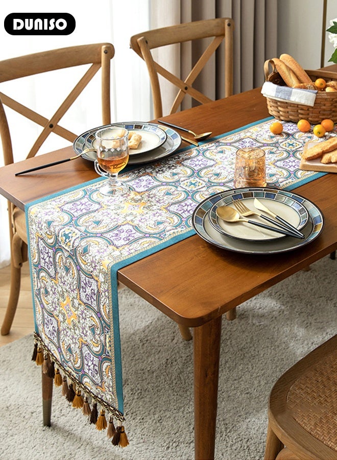 DUNISO Table Runner with Tassels, Vintage Decorative Dresser Runner, Retro Ethnic Style Table Runner Cloth, Reusable  Dining Table Runner, Woven Table Cover Runner for Home Restaurant Table Decor, 13.7×70.8 in - Image 5