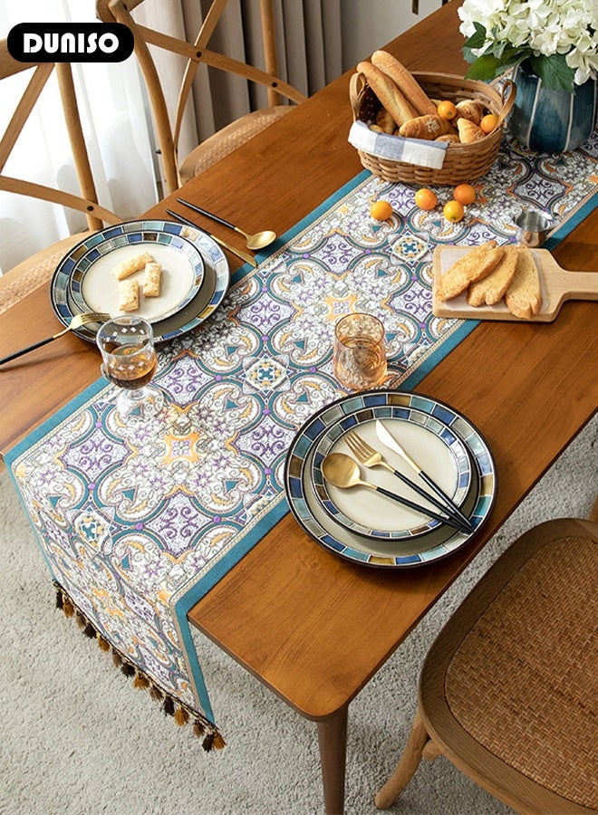 DUNISO Table Runner with Tassels, Vintage Decorative Dresser Runner, Retro Ethnic Style Table Runner Cloth, Reusable  Dining Table Runner, Woven Table Cover Runner for Home Restaurant Table Decor, 13.7×70.8 in - Image 2