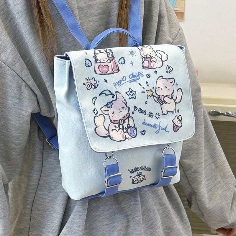 Cute Lightweight Canvas Backpack for School with Cartoon Dog and Cat Pattern - Image 1