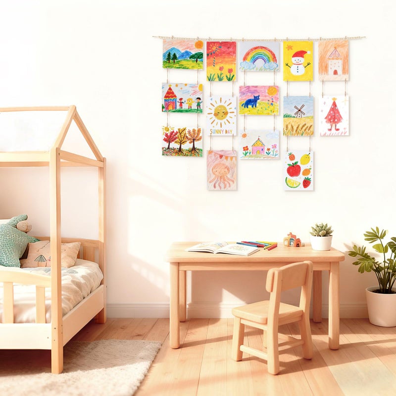 Dahey Art Display for Kids Artwork Wall Decor Boho Wooden Beads Garland Frame Holder with 34 Clips for Hanging Kids Art Work Picture Photo Cards Display, Bedroom Living Room Homeschool Decor - Image 2