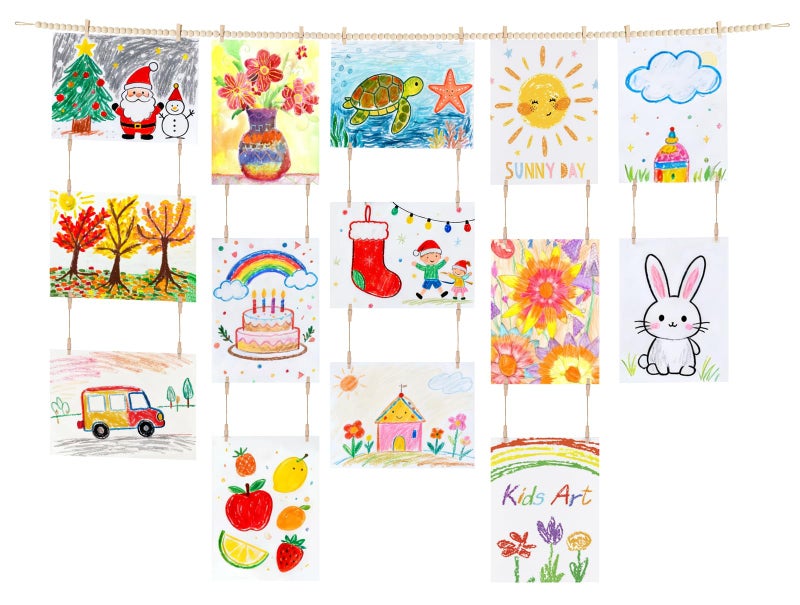 Dahey Art Display for Kids Artwork Wall Decor Boho Wooden Beads Garland Frame Holder with 34 Clips for Hanging Kids Art Work Picture Photo Cards Display, Bedroom Living Room Homeschool Decor - Image 1