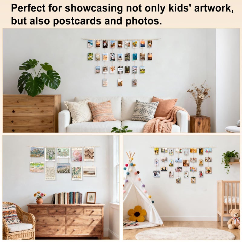 Dahey Art Display for Kids Artwork Wall Decor Boho Wooden Beads Garland Frame Holder with 34 Clips for Hanging Kids Art Work Picture Photo Cards Display, Bedroom Living Room Homeschool Decor - Image 5