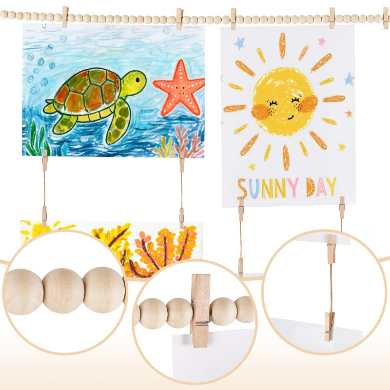 Dahey Art Display for Kids Artwork Wall Decor Boho Wooden Beads Garland Frame Holder with 34 Clips for Hanging Kids Art Work Picture Photo Cards Display, Bedroom Living Room Homeschool Decor - Image 4