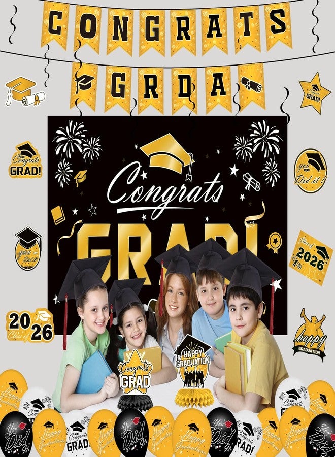 IPOOLTENG Graduation Ddecorations 2025 Set - Gold Themed Congrats Grad Banner, Backdrop, Hanging Swirls, Porch Sign, Balloons - Complete Party Supplies for High School, College Graduation Decorations - Image 4