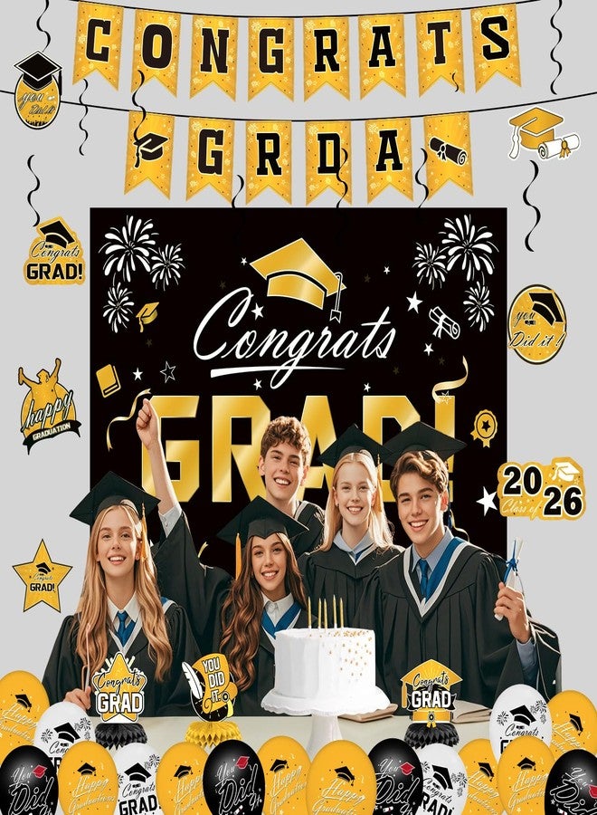 IPOOLTENG Graduation Ddecorations 2025 Set - Gold Themed Congrats Grad Banner, Backdrop, Hanging Swirls, Porch Sign, Balloons - Complete Party Supplies for High School, College Graduation Decorations - Image 5
