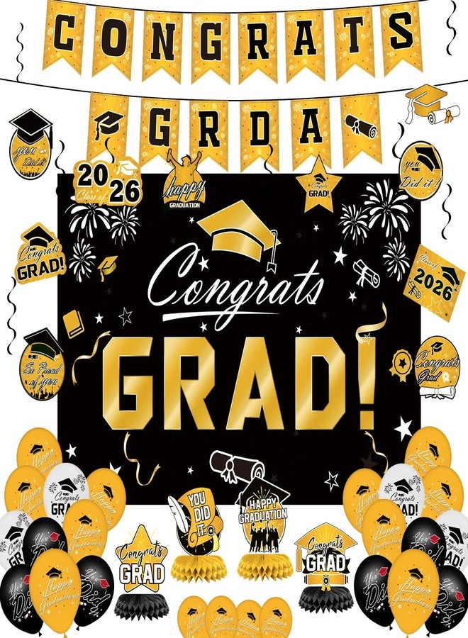IPOOLTENG Graduation Ddecorations 2025 Set - Gold Themed Congrats Grad Banner, Backdrop, Hanging Swirls, Porch Sign, Balloons - Complete Party Supplies for High School, College Graduation Decorations - Image 1