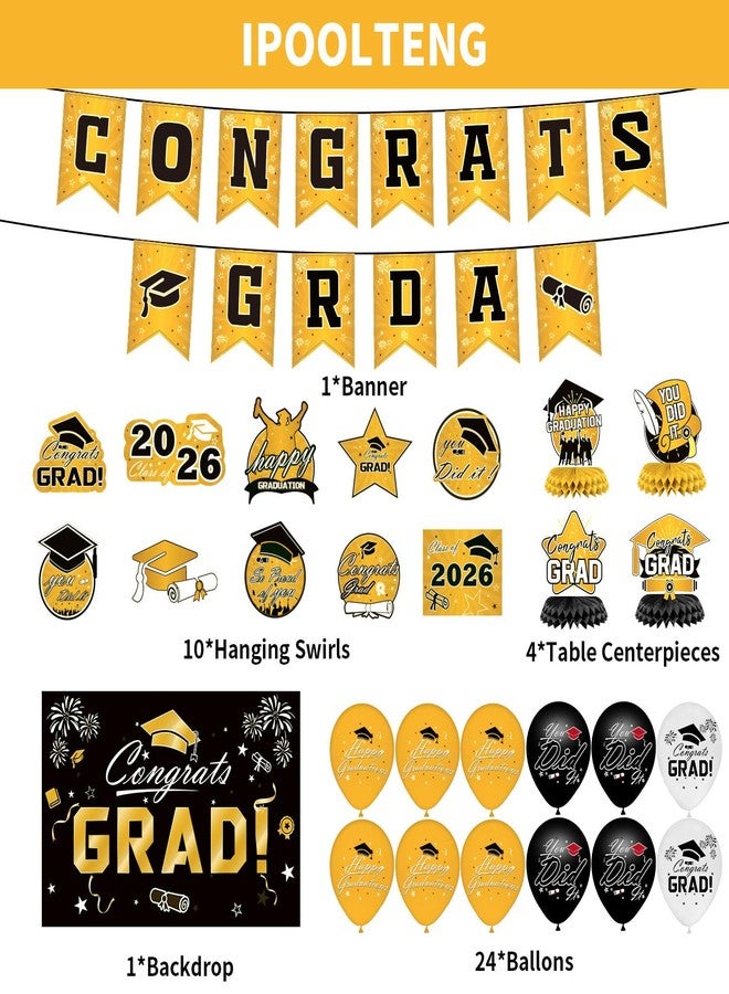 IPOOLTENG Graduation Ddecorations 2025 Set - Gold Themed Congrats Grad Banner, Backdrop, Hanging Swirls, Porch Sign, Balloons - Complete Party Supplies for High School, College Graduation Decorations - Image 3
