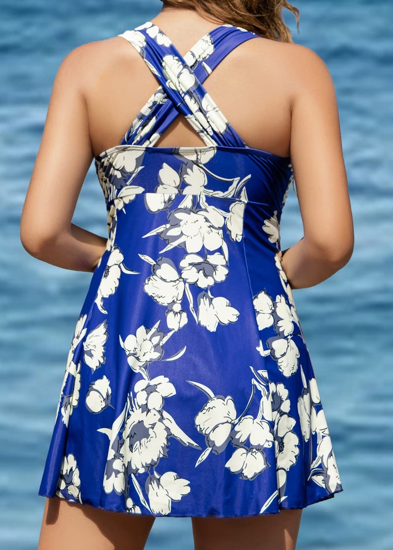 COCOPEAR Women Elegant Crossover One Piece Swimdress Floral Skirted Swimsuit(FBA),Blue Floral,2XL/14-16 - Image 3