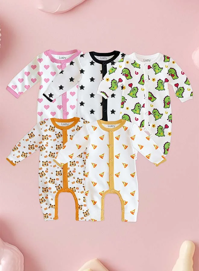لؤي 100% Cotton Full Sleeves Baby Printed Romper,Sleepsuit for Baby Girls & Boys,_(Pack of 5)