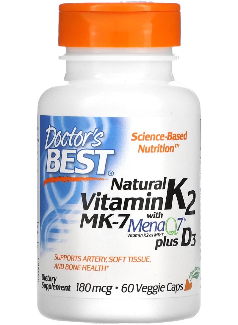Natural Vitamin K2 MK-7 with MenaQ7 plus D3, 180 mcg, 60 Veggie Caps