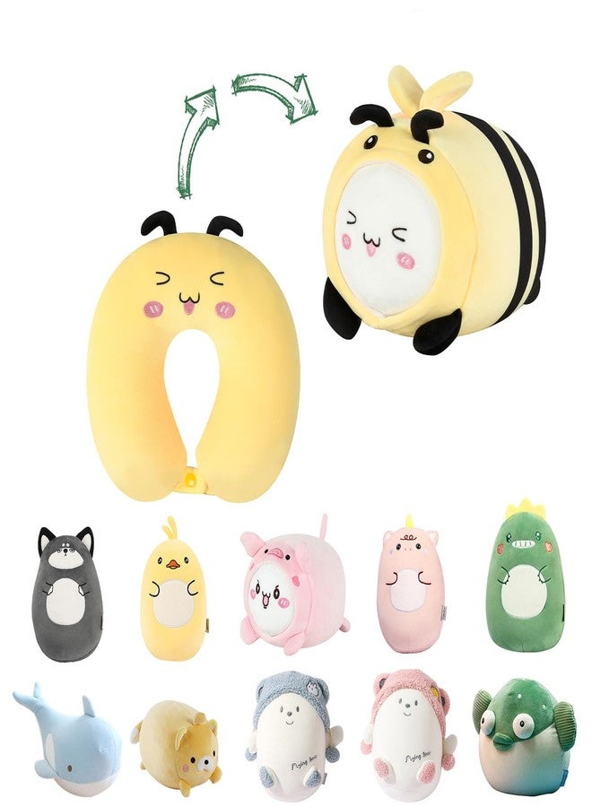 stocaggio Kids Travel Pillow - 2-in-1 Deformable Kids Neck Pillow for Traveling, Soft U-Shaped Pillow with Adorable Animal Design, Comfy Sleep and Play, Ideal for Airplane Traveling - Yellow Bee - Image 1