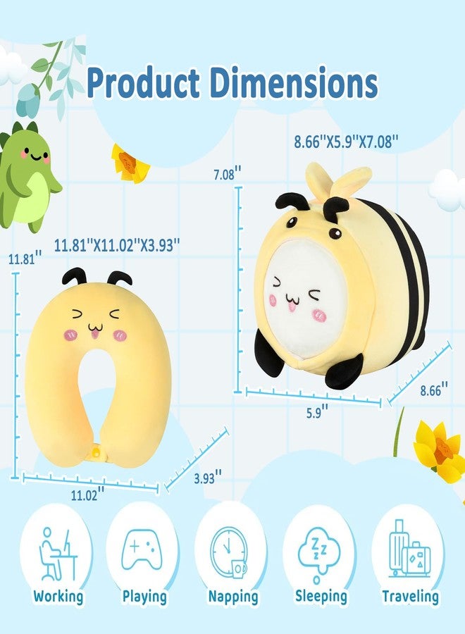 stocaggio Kids Travel Pillow - 2-in-1 Deformable Kids Neck Pillow for Traveling, Soft U-Shaped Pillow with Adorable Animal Design, Comfy Sleep and Play, Ideal for Airplane Traveling - Yellow Bee - Image 2
